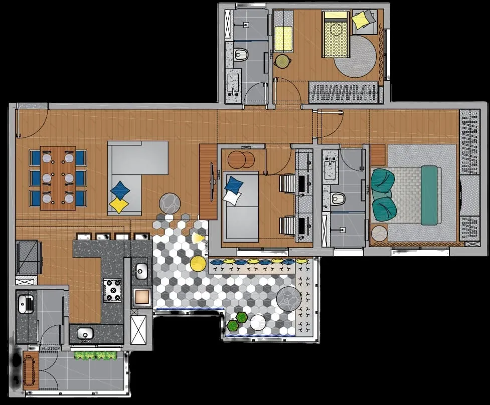 Planta baixa colorida do apartamento com a divisão dos ambientes, a cozinha com ilha e a varanda de piso hexagonal integrada