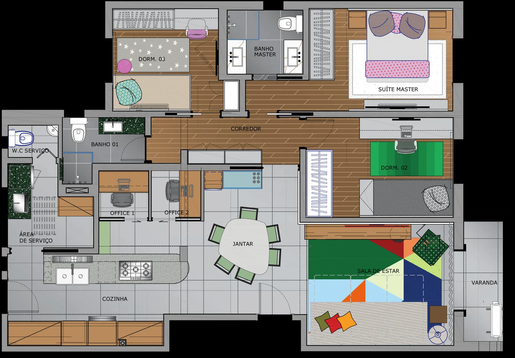 Planta baixa colorida do apartamento com a divisão dos ambientes, mobiliário e marcenaria projetada