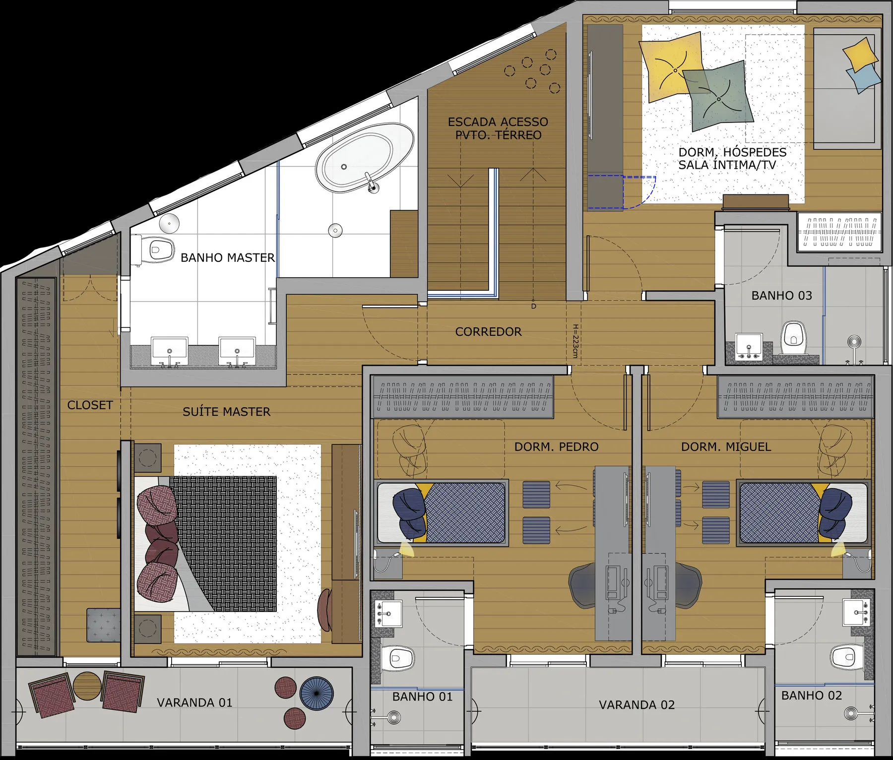Planta baixa do pavimento superior com suíte master, closet, dormitórios, banheiros e varandas