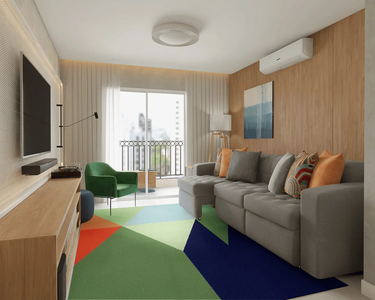 Projeto 3D da sala de estar com sofá cinza retrátil, tapete geométrico colorido, poltrona verde e painel de madeira
