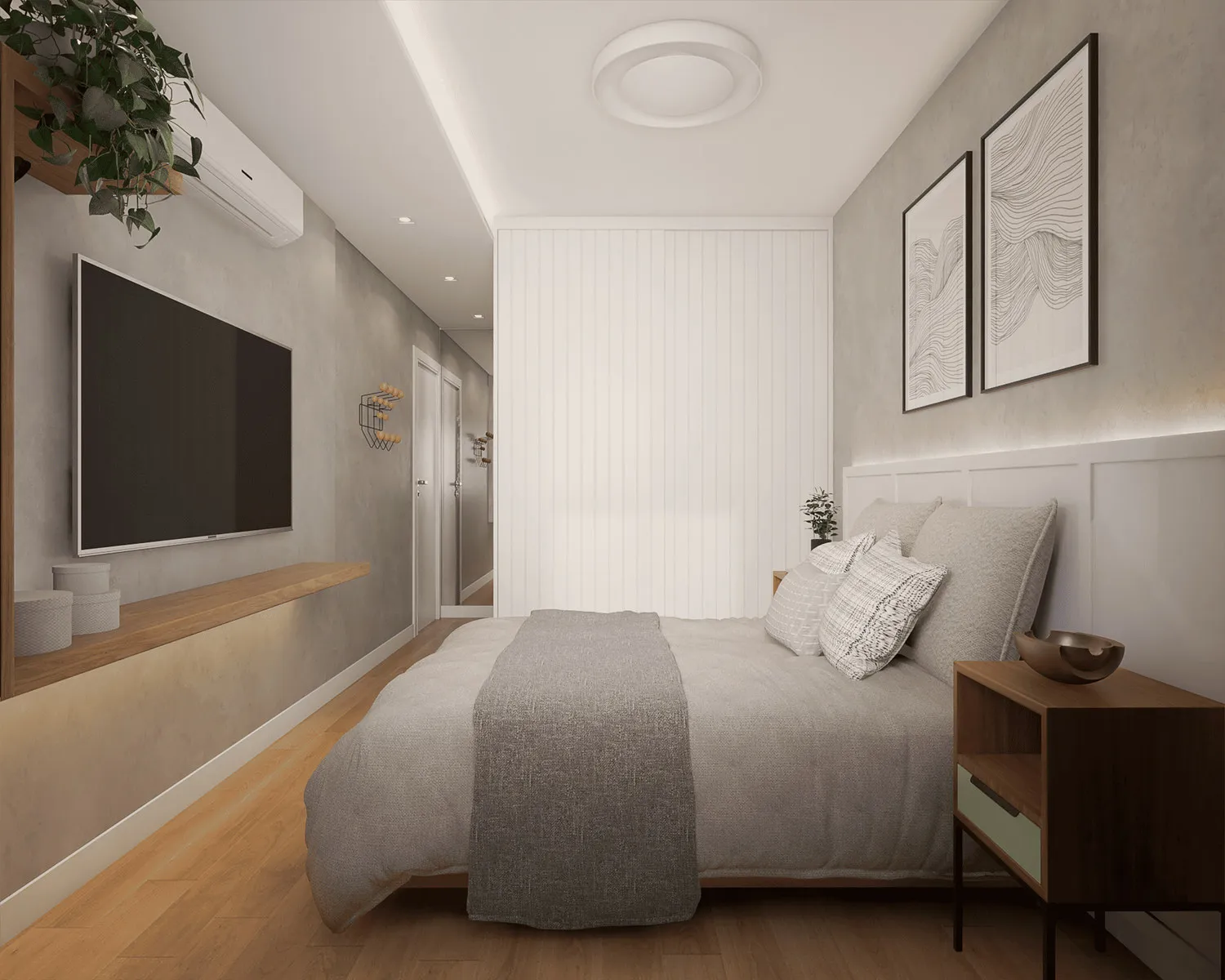 Render do quarto de casal com TV na parede, painel branco ripado, bancada de madeira e criado-mudo amadeirado