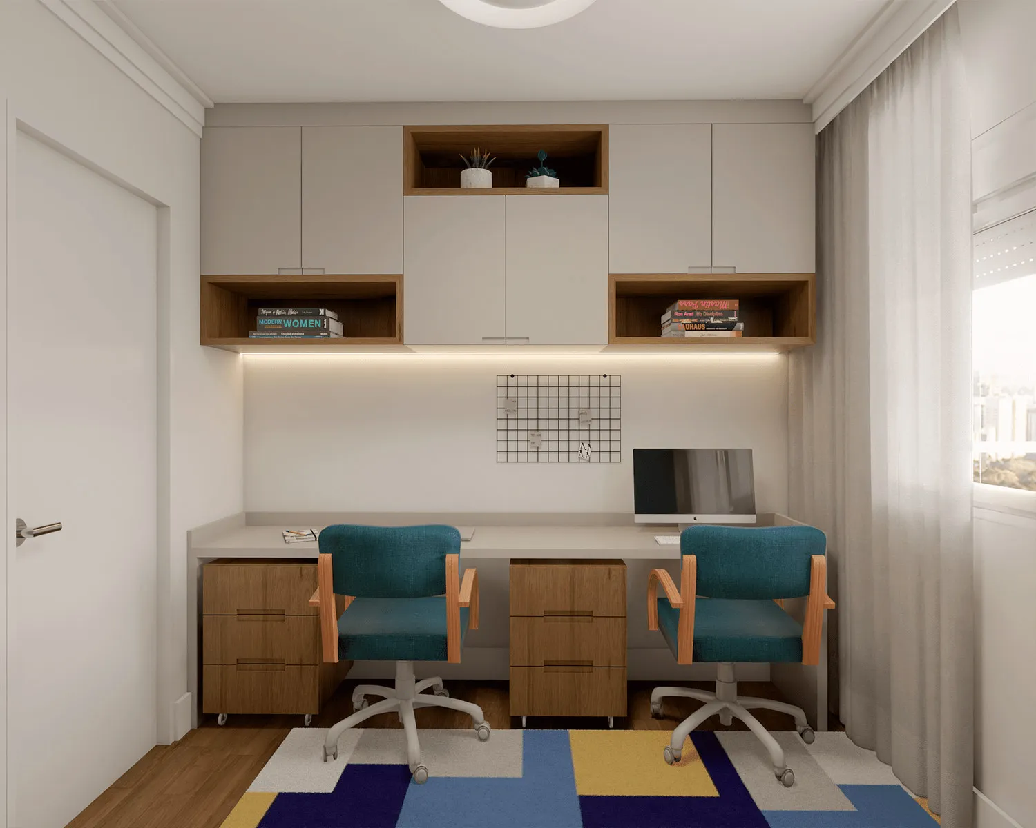 Render do home office para dois, com bancada, cadeiras azul-petróleo, marcenaria clara com nichos de madeira e tapete geométrico