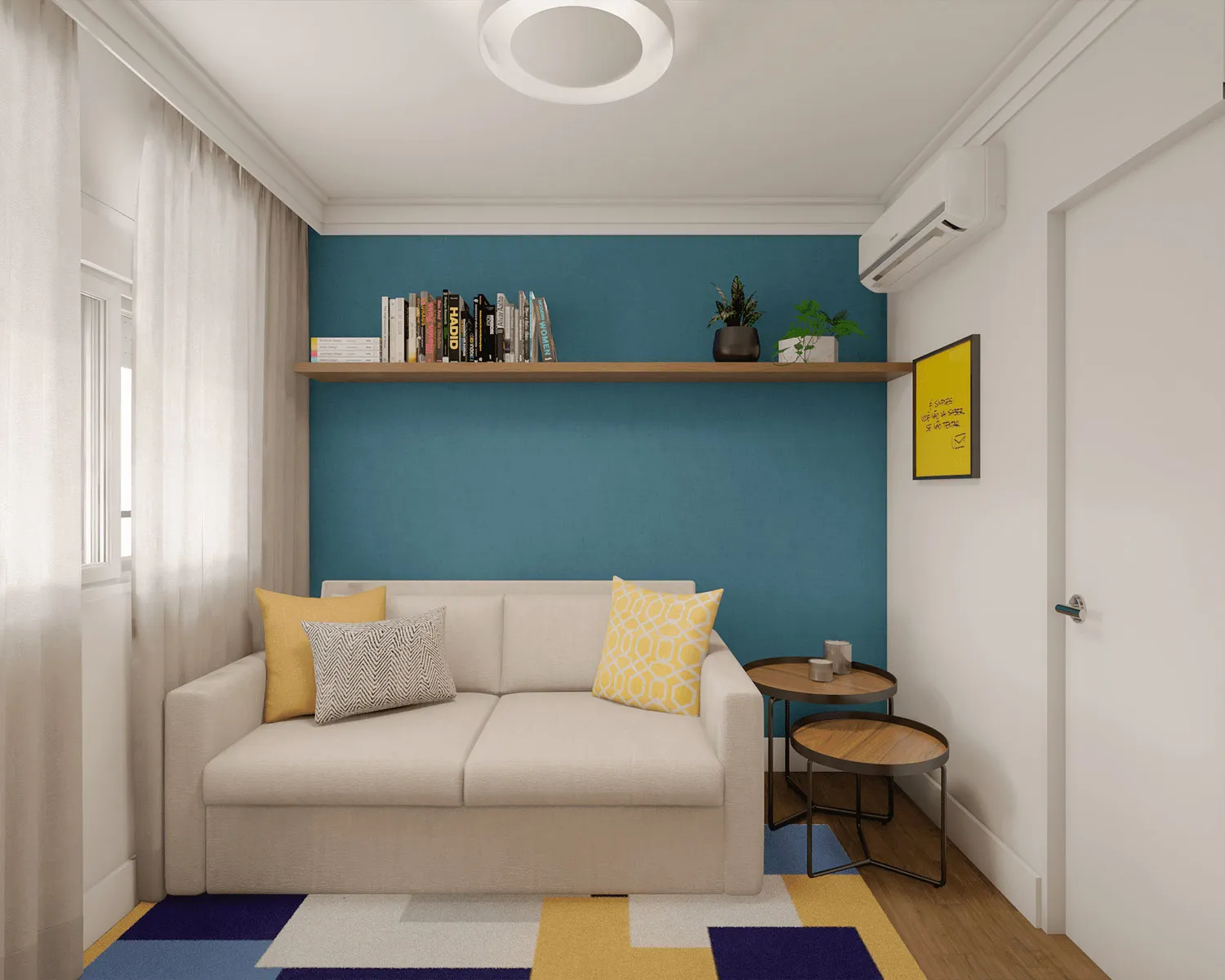 Sala de leitura com parede azul-petróleo, sofá bege, prateleira de madeira com livros, mesas laterais redondas e tapete geométrico