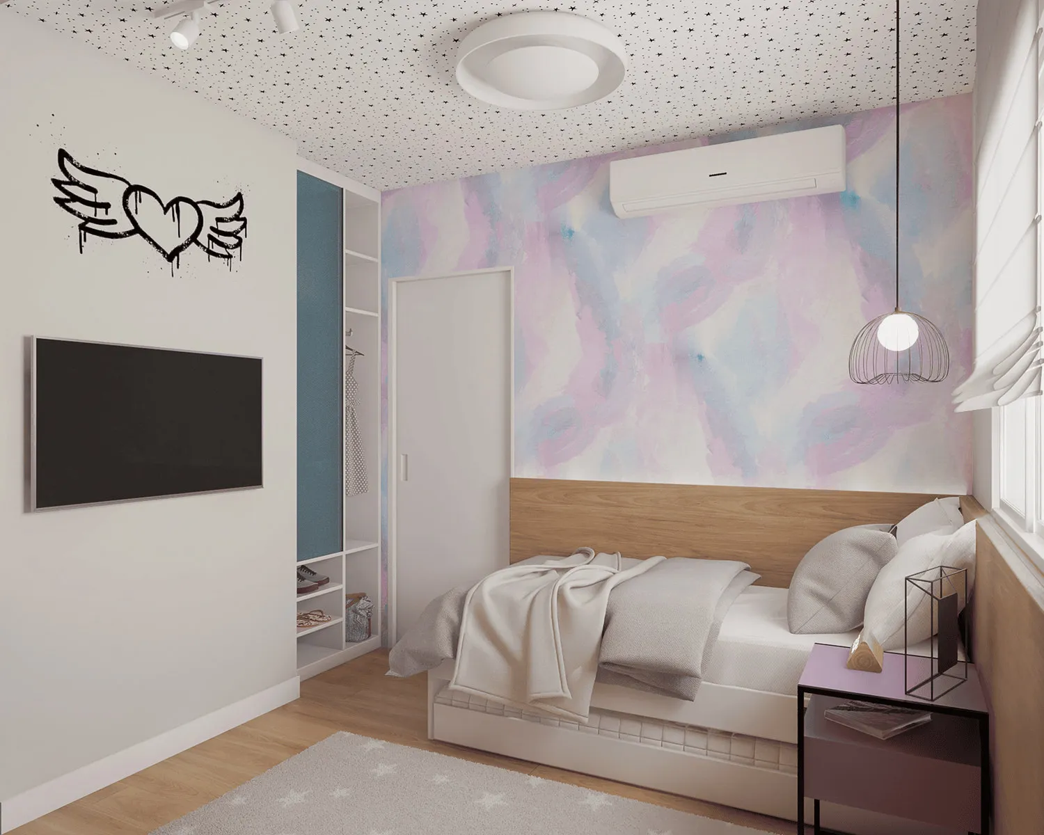 Quarto infantil com papel de parede aquarela rosa e azul, teto estrelado, cama de madeira e grafite de coração alado
