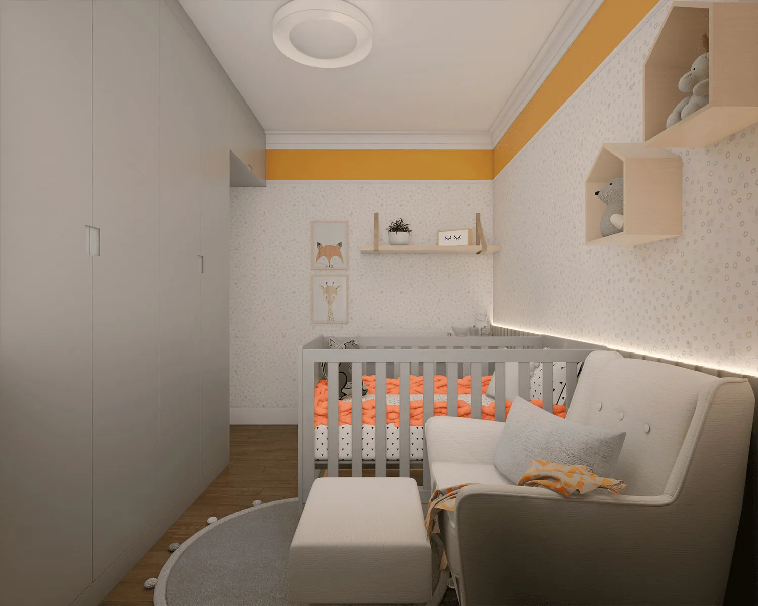 Render do quarto de bebê com berço cinza e roupa laranja, papel de parede pontilhado, faixa amarela, poltrona de amamentação e nichos