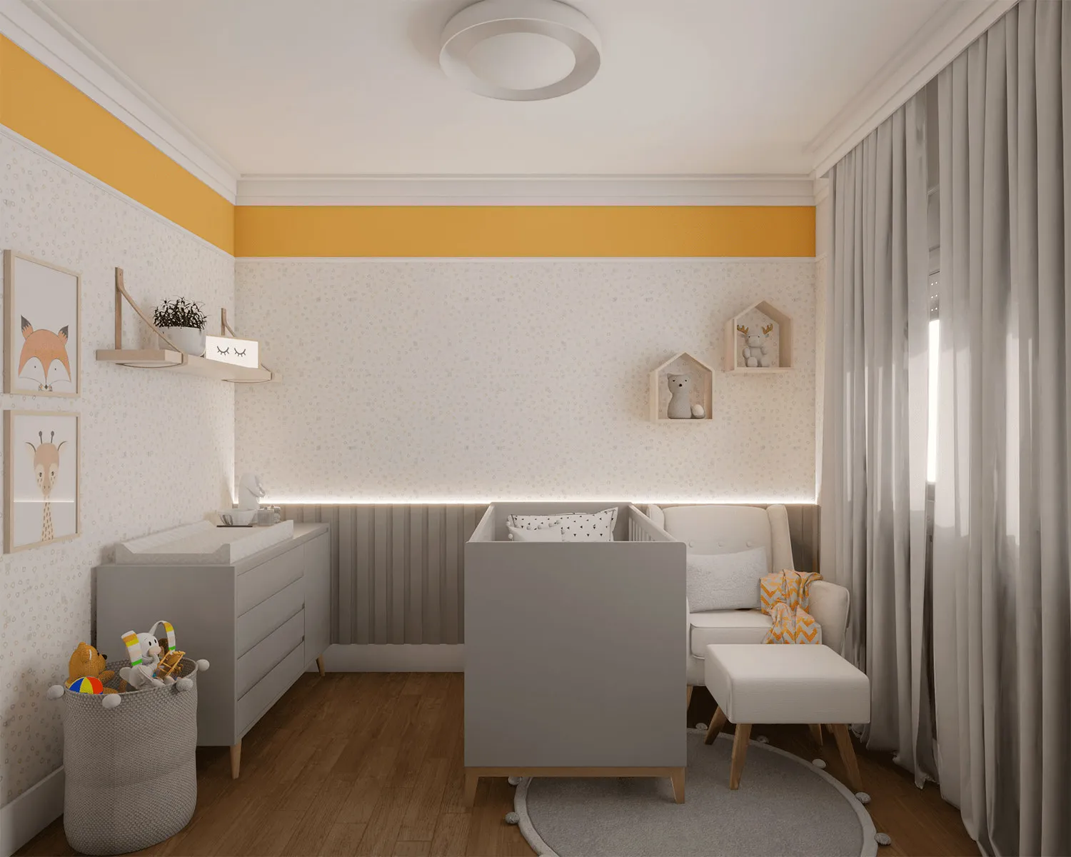 Quarto de bebê com cômoda trocador cinza, berço, poltrona, faixa amarela na parede e quadros de raposa e girafa
