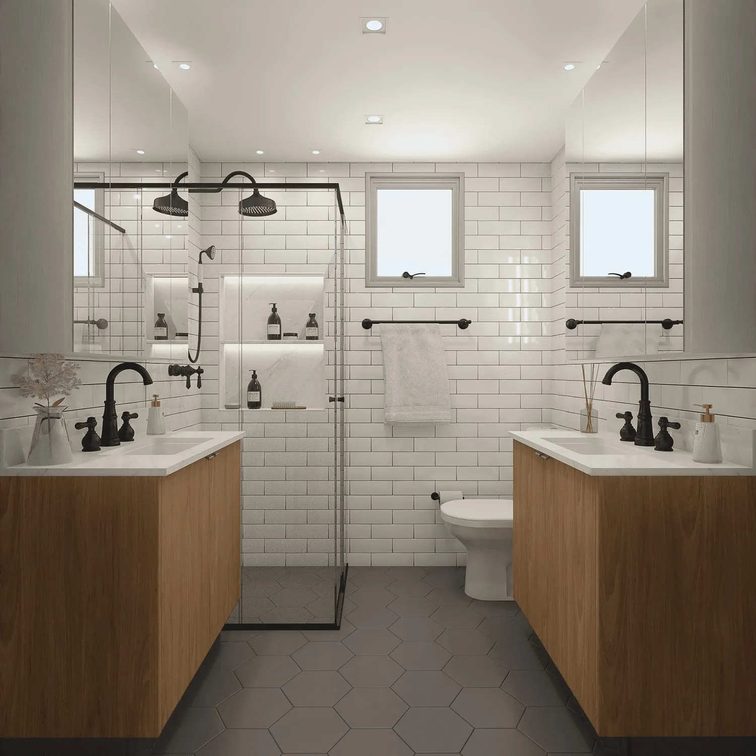 Banheiro com azulejo de metrô branco, box de vidro com duas duchas pretas, bancadas de madeira e piso hexagonal cinza