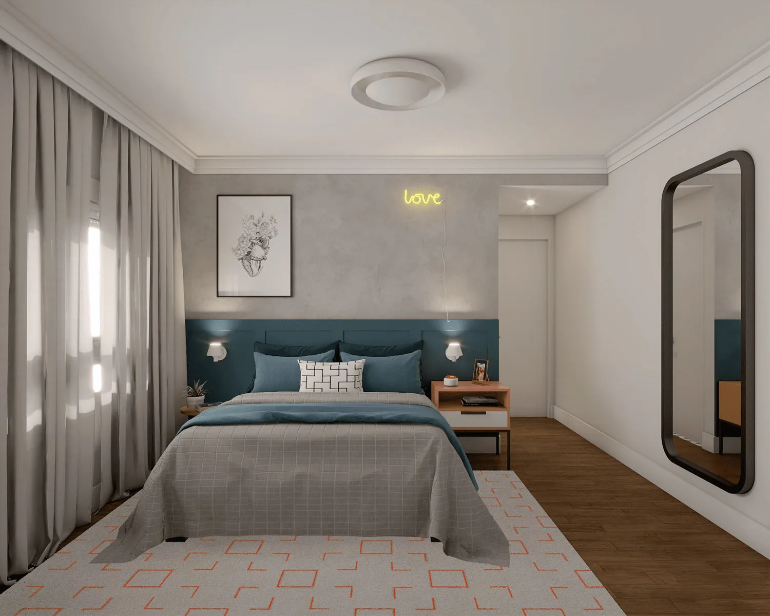 Render do quarto de casal com cabeceira azul-petróleo, parede de cimento queimado, neon love, roupa de cama cinza e espelho de corpo