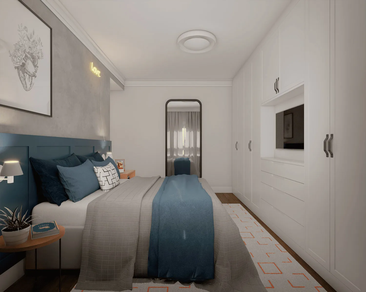 Quarto de casal com cabeceira azul-petróleo, guarda-roupa branco embutido com TV e gavetas, espelho de corpo e tapete geométrico