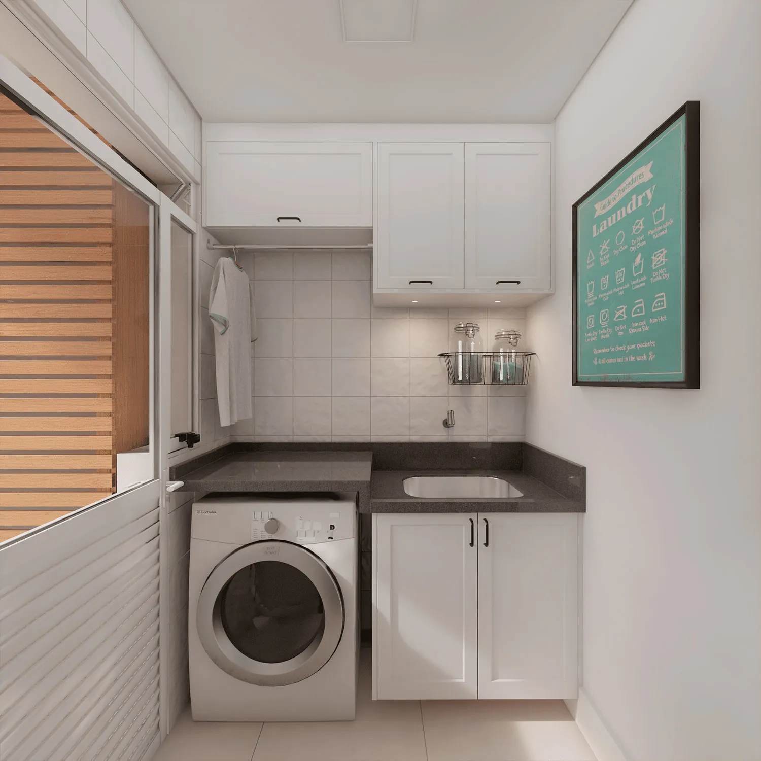 Render da lavanderia com armários brancos, máquina de lavar, bancada de granito com cuba e quadro Laundry na parede