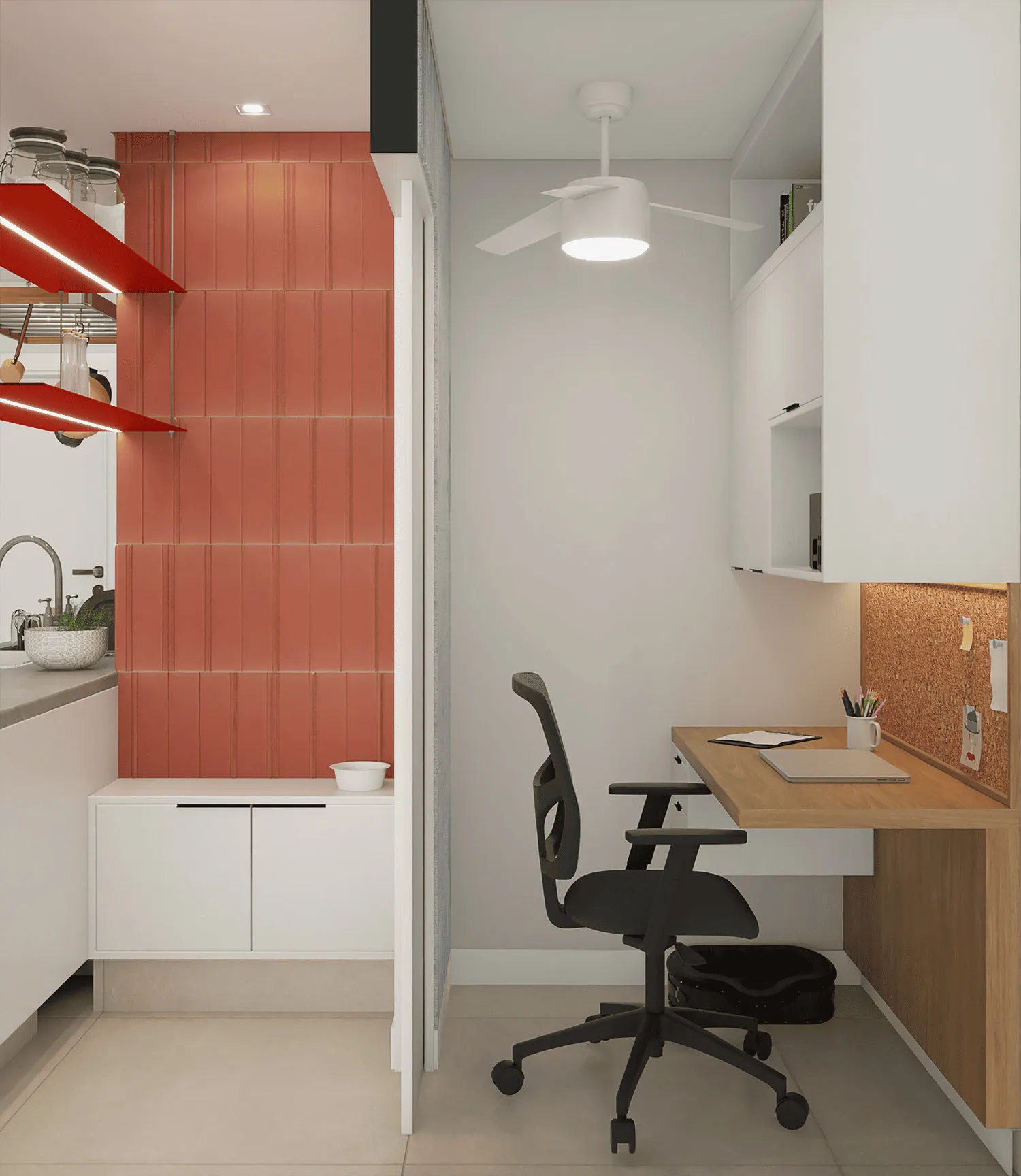 Home office compacto com bancada de madeira, cadeira ergonômica preta, painel de cortiça e armários brancos