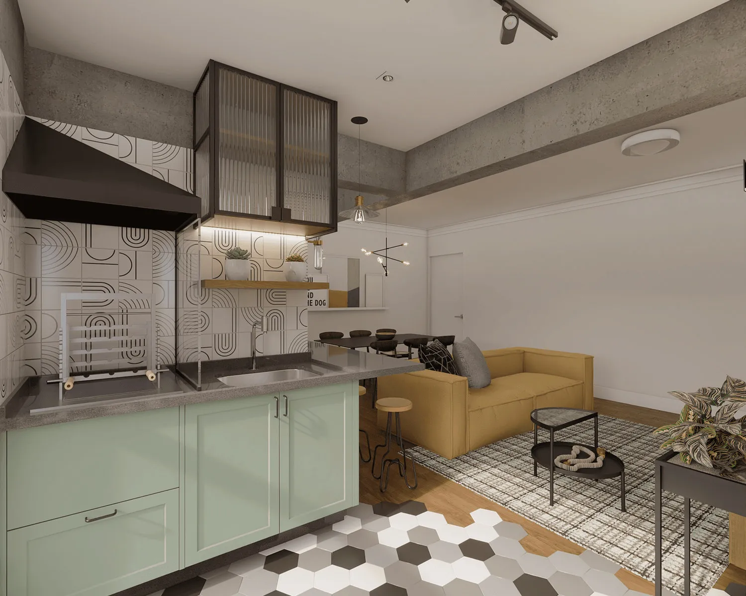 Render da cozinha com coifa preta, marcenaria verde e revestimento geométrico, piso hexagonal encontrando a sala com sofá amarelo