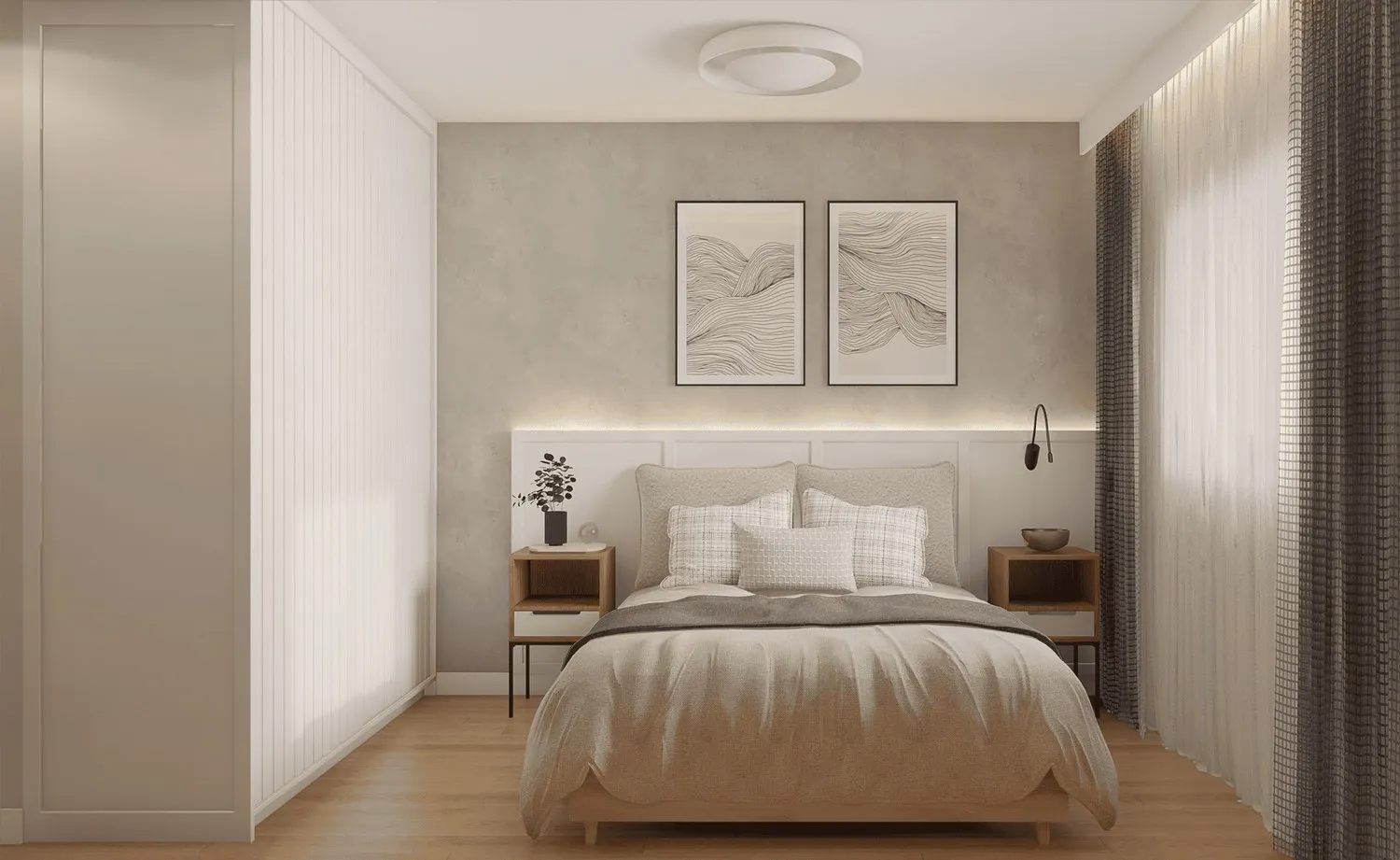 Quarto de casal em tons neutros, com cama bege, quadros de linhas, criados-mudos de madeira e cortinas